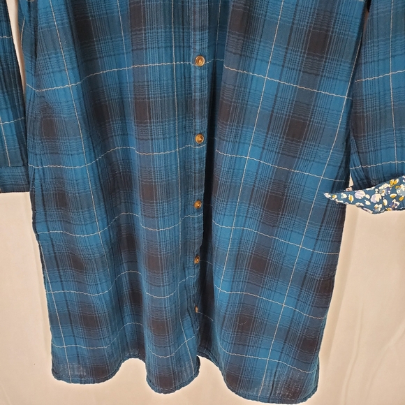 J. Jill Shirt Dress Plaid Floral Cotton Gauzy Button Front Flip Cuff Pockets MP - Picture 5 of 13
